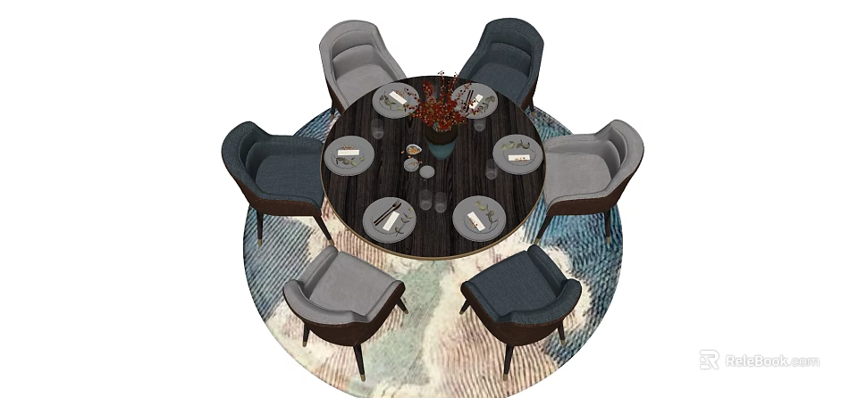 Modern Round Dining Table Set With Six Chairs Tableware And Decorative Rug 3d model
