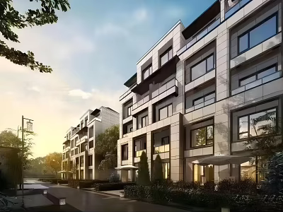 Modern Multi Story Townhouses With Large Glass Windows Greenery And Sunset Pathway 3d model