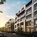 Modern Multi Story Townhouses With Large Glass Windows Greenery And Sunset Pathway