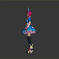 Game Character With Rabbit Ears Pink Hair Blue Apron Outfit And Small Rabbit Doll