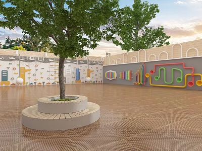 Modern Landscape Wall Featuring Colorful Patterns With Trees Circular Planter and Paved Outdoor Floor 3d model