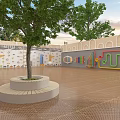 Modern Landscape Wall Featuring Colorful Patterns With Trees Circular Planter and Paved Outdoor Floor