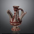 Traditional Ceramic Sculpture Carving With Multiple Spouts And Red Artistic Patterns