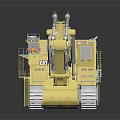 Large Yellow Tracked Excavator with Long Mechanical Arm and Bucket on Dark Background with Reflection