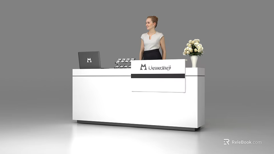 Modern White Reception Desk With Laptop Lensmarty Logo White Flower Vase And Receptionist 3d model 