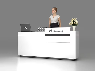 Modern White Reception Desk With Laptop Lensmarty Logo White Flower Vase And Receptionist 3d model