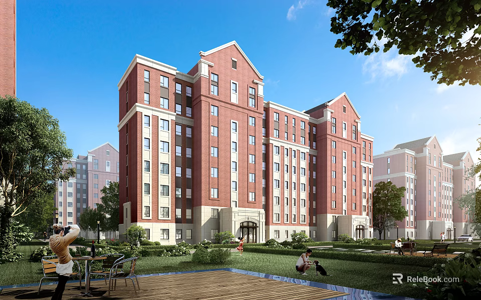 Red Brick Apartment Building With Greenery And Outdoor Leisure Space For Residents 3d model 