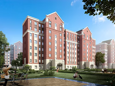 Red Brick Apartment Building With Greenery And Outdoor Leisure Space For Residents 3d model