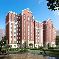 Red Brick Apartment Building With Greenery And Outdoor Leisure Space For Residents