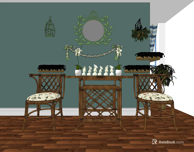 Rustic Console Table Interior with Green Wall Round Mirror Birdcage and Wicker Chairs 3d model