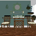 Rustic Console Table Interior with Green Wall Round Mirror Birdcage and Wicker Chairs 3d model