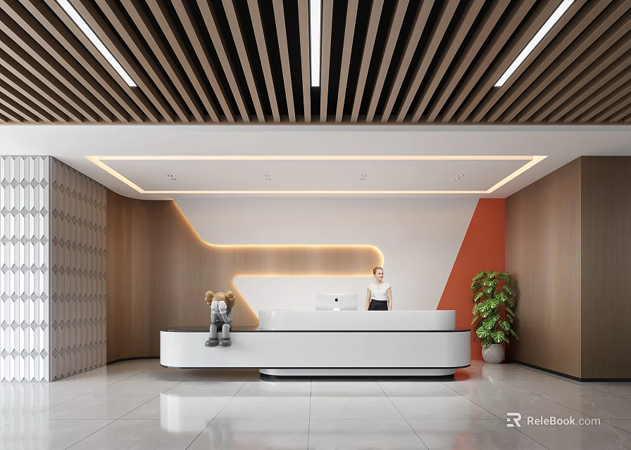 Modern Reception Area Design With White Desk Wooden Wall Lighting And Green Plant 3d model 