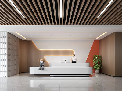 Modern Reception Area Design With White Desk Wooden Wall Lighting And Green Plant 3d model