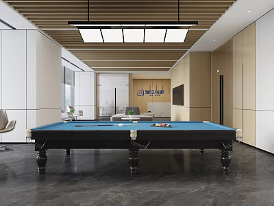 Modern Billiard Room Interior Design With Blue Felt Table Wooden Ceiling And Lighting 3d model