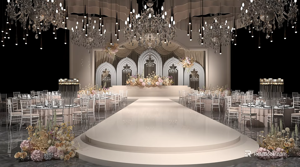 Banquet Hall Interior With Crystal Chandeliers White Elevated Stage Floral Arrangements And Elegant Tables 3d model 