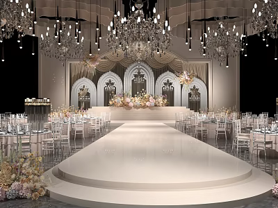 Banquet Hall Interior With Crystal Chandeliers White Elevated Stage Floral Arrangements And Elegant Tables 3d model