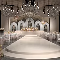 Banquet Hall Interior With Crystal Chandeliers White Elevated Stage Floral Arrangements And Elegant Tables