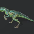 3D Velociraptor Dinosaur Model With Green Blue Striped Skin On Black Background
