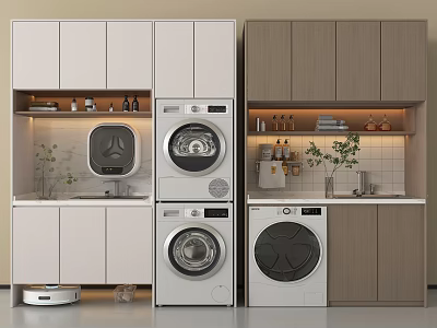 Modern Balcony Cabinet Interior With Washing Machine Dryer And Storage Space 3d model