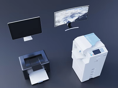 Modern Business Equipment With Curved Monitor Flat Screen Printer And Multifunction Copier 3d model