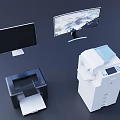 Modern Business Equipment With Curved Monitor Flat Screen Printer And Multifunction Copier