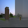 Entrance Gate of Company Building with Pillar Green Plants and Warning Bollards