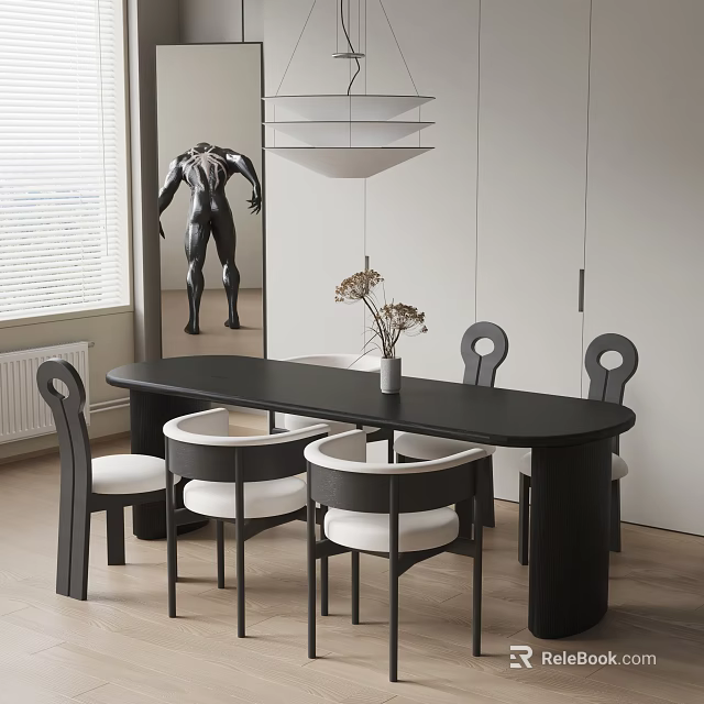 Modern Black Oval Dining Table Set With White Cushioned Chairs Dried Flower Vase And Pendant Light 3d model 