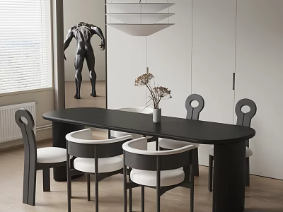 Modern Black Oval Dining Table Set With White Cushioned Chairs Dried Flower Vase And Pendant Light 3d model