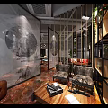 Modern Industrial Style Restaurant Interior Featuring Chandelier Lighting Marble Floor Decorative Painting And Colorful Dining Chairs