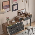Wooden Dressing Table With Built In Mirror Multiple Drawers Stool And Table Lamp 3d model