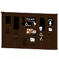 Classic Brown Wine Cabinet With Glass Doors Storage Shelves And Decorative Items