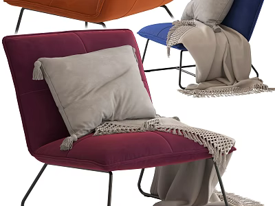 Multicolored Accent Chair Featuring Soft Plush Cushion and Knit Throw Blanket with Sturdy Metal Legs 3d model