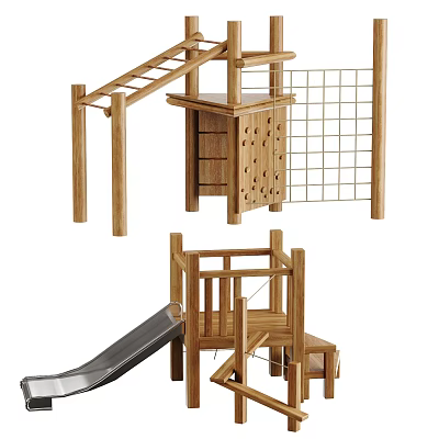 Outdoor Wooden Kids Playground Equipment With Slide Climbing Frame Platform And Net 3d model
