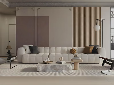 Modern Living Room Interior Design With White Sofa Pillows Marble Coffee Table And Rug 3d model