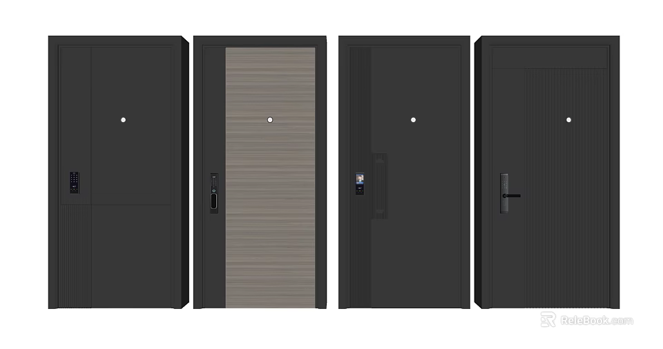 Various Modern Security Doors With Black And Wood Grain Panel Designs 3d model