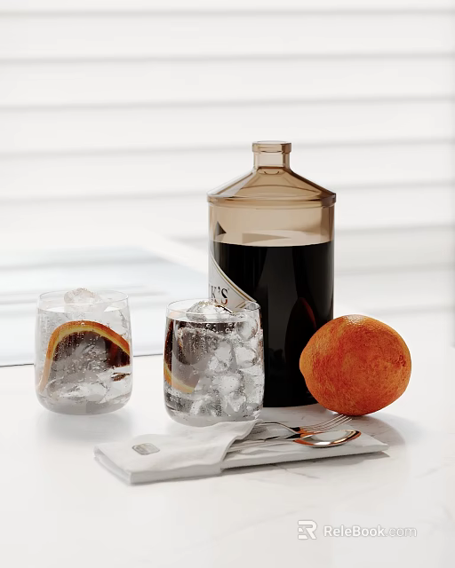 Tabletop Decorative Ornament Set With Brown Bottle Glasses Ice Cubes Orange And Utensils 3d model 