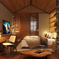 Cozy Hotel Guest Room with Wooden Ceiling Bookshelves Stone Wall and Large Windows Overlooking Trees