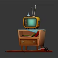 Vintage Yellow Television Placed On Wooden Cabinet With Antennas And Small Decorations