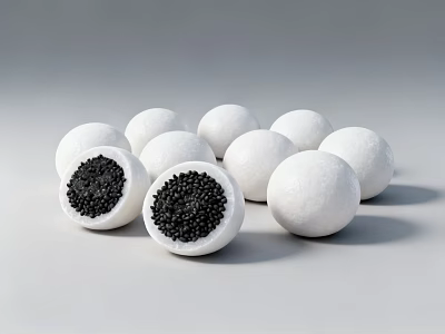 White Spherical Food Some Cut Open With Black Inner Filling On White Surface 3d model