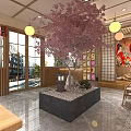 Japanese Restaurant Interior With Cherry Blossom Decorations Lanterns Wooden Partitions Geisha Murals And Dining Seats