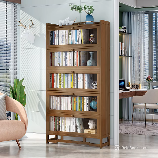 Modern Wooden Bookshelf With Multiple Layers Books Decorative Vases And Clock In Bright Living Room 3d model 