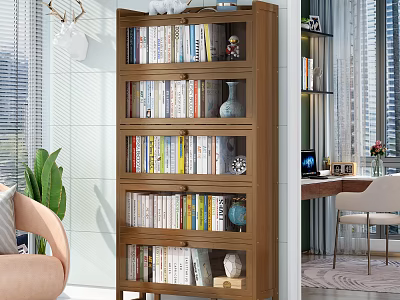 Modern Wooden Bookshelf With Multiple Layers Books Decorative Vases And Clock In Bright Living Room 3d model