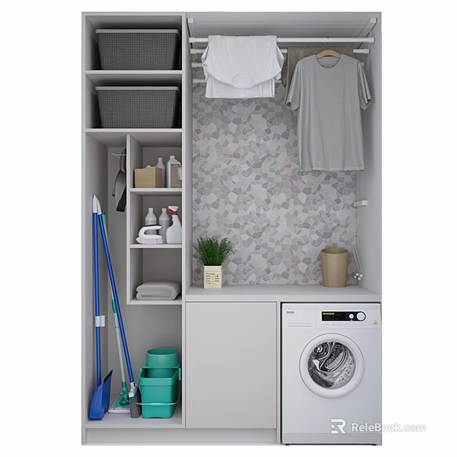 Modern Laundry Room With Washing Machine Storage Cabinets Clothes Hanging Area And Potted Plant 3d model 