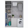 Modern Laundry Room With Washing Machine Storage Cabinets Clothes Hanging Area And Potted Plant