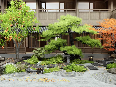 Japanese Courtyard Garden With Pine Tree Maple Tree Stone Lanterns Raked Sand And Moss 3d model
