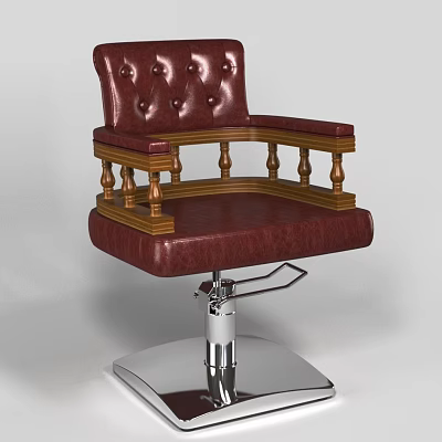 Leather Office Chair with Tufted Backrest and Carved Wooden Arms on Adjustable Metal Base 3d model