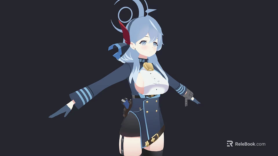 Game Anime Character With Blue Gray Hair Curly Accessory And Military Uniform Style Outfit 3d model 