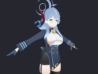 Game Anime Character With Blue Gray Hair Curly Accessory And Military Uniform Style Outfit 3d model