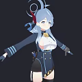 Game Anime Character With Blue Gray Hair Curly Accessory And Military Uniform Style Outfit