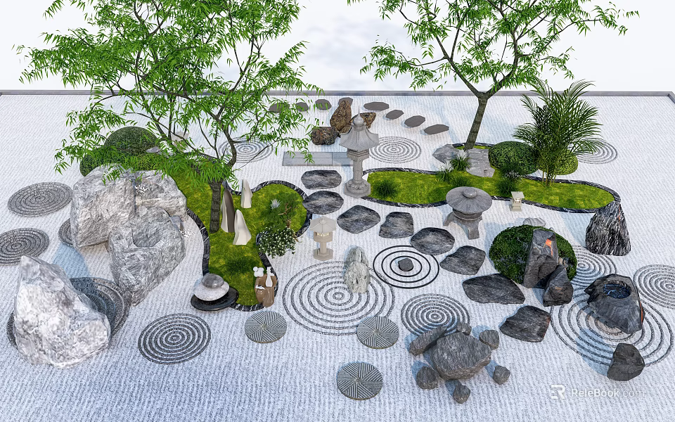 Natural Stepping Stones Garden Path With Green Trees Rocks Grass And Circular Patterns 3d model 